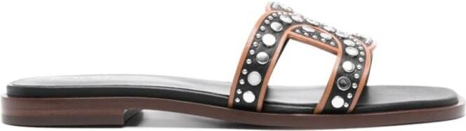 TOD'S Zwarte Leren Platte Sandalen Black Dames