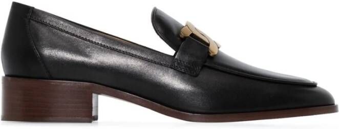 TOD'S Zwarte leren platte schoenen met antieke gouden ketting Black Dames