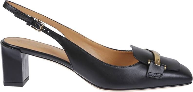 TOD'S Zwarte leren slingback met gouden metalen bar Black Dames