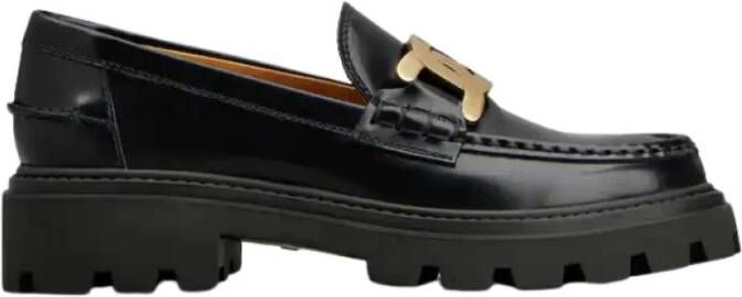 TOD'S Zwarte geborsteld leren mocassin met kettingdetail Black Dames