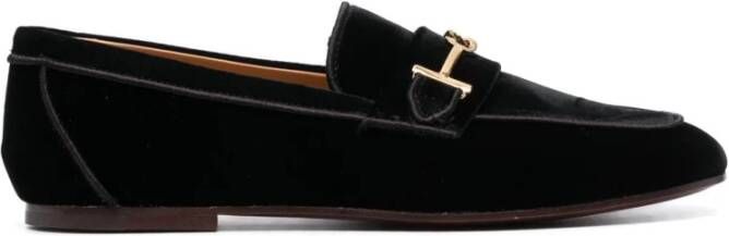 TOD'S Zwarte Velvet Loafers Platte Schoenen Black Dames