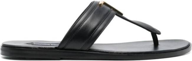 Tom Ford Zwarte Leren Logo-Plaque Platte Sandalen Black Heren