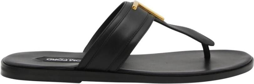 Tom Ford Zwarte Leren Logo-Plaque Platte Sandalen Black Heren