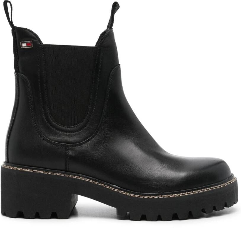 Tommy Hilfiger Zwarte Leren Chelsea Mid Hiel Laarzen Black Dames