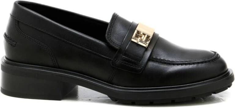 Tommy Hilfiger Zwarte Leren Loafer met Gouden Logo Black Dames