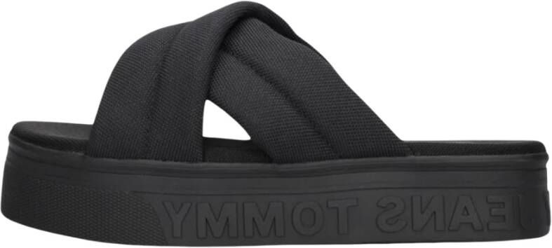 Tommy Jeans Zwarte Lettering Flatform Slippers Black Dames