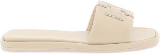 TORY BURCH Leren Double T Slides Beige Dames