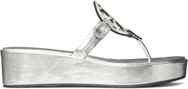 TORY BURCH Metallic Double T Teenslippers Gray Dames