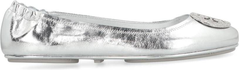 TORY BURCH Metallic Leren Ballet Flats Elastische Achterkant Gray Dames