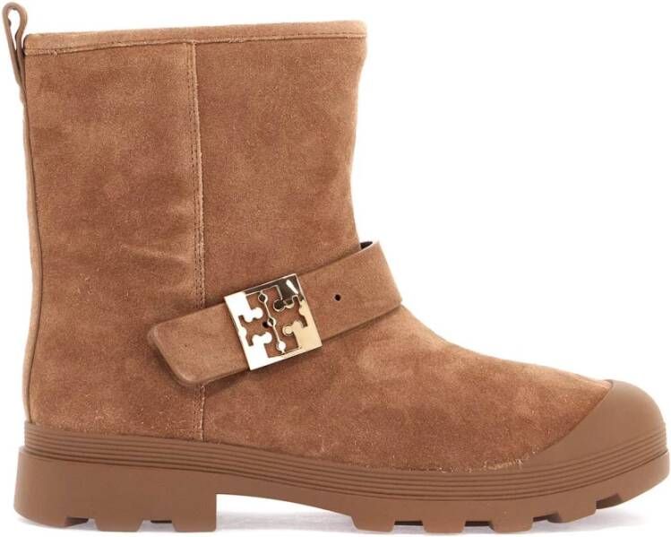 TORY BURCH Suède enkellaarzen met Double T-gesp Brown Dames