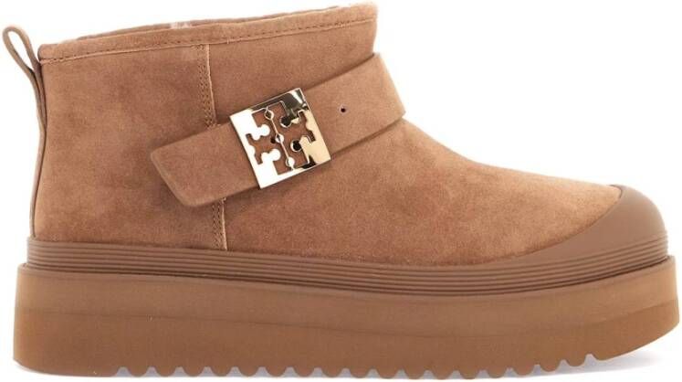 TORY BURCH Suède Platform Enkellaarzen met Shearling Brown Dames