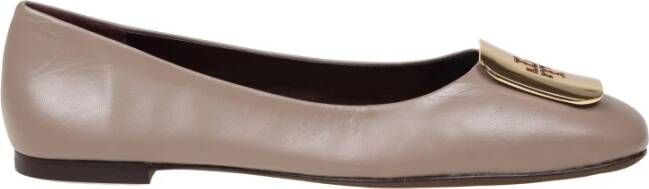 TORY BURCH Taupe Leren Ballerina met Vierkante Neus Gray Dames