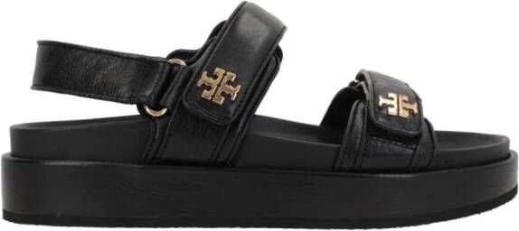 TORY BURCH Zwarte leren platte sandalen met dubbel T-logo Black Dames