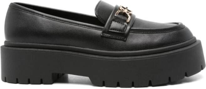 Twinset Zwarte leren platte schoenen met gouden logodetail Black Dames