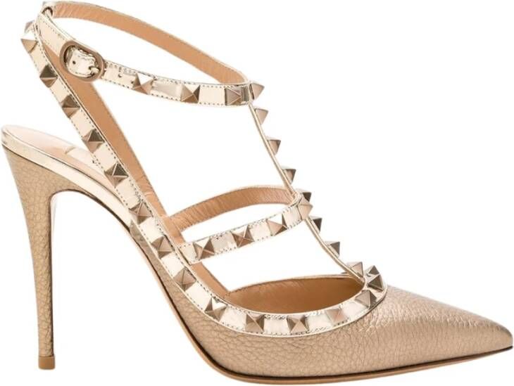 Valentino Garavani Goudkleurige Rockstud Platte Schoenen Beige Dames