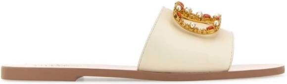 Valentino Garavani Kristalversierde Leren Platte Sandalen White Dames