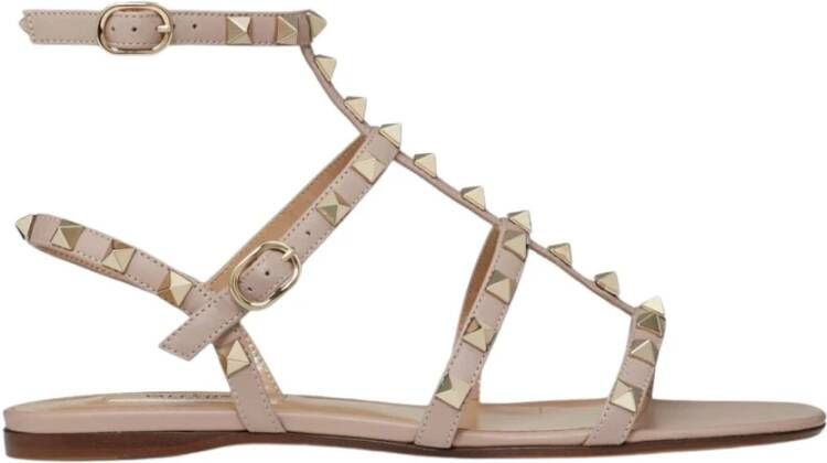 Valentino Garavani Studded Leather Flat Sandals Brown Dames