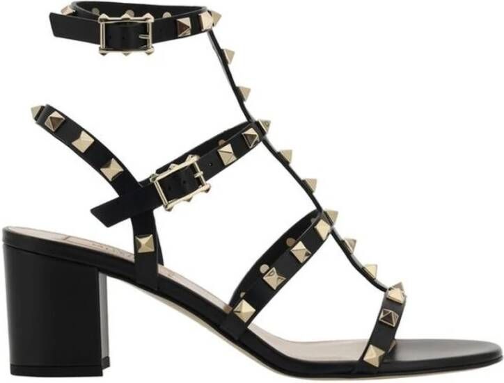 Valentino Garavani Studded Leren Sandalen met Dikke Hak Black Dames