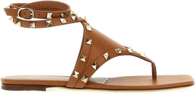 Valentino Garavani Studded Platte Sandalen Vrouwen Leer Italië Brown Dames