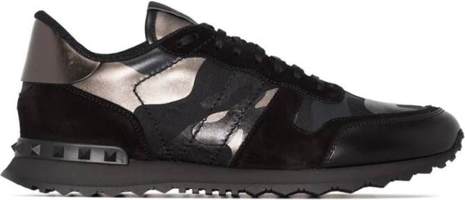 Valentino Garavani Zwarte Leren Rockrunner Camouflage Sneakers Zwart Heren