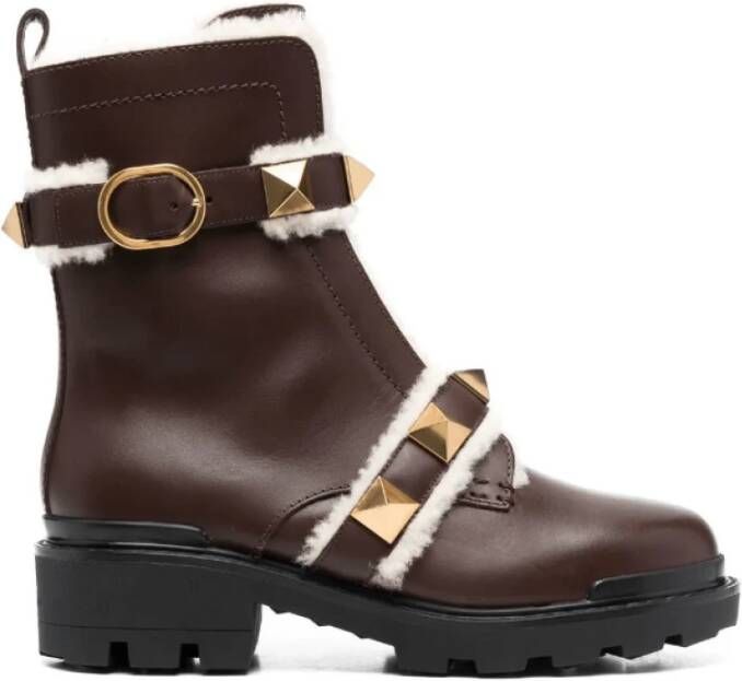 Valentino Goudkleurige Rockstud Enkellaarzen Brown Dames