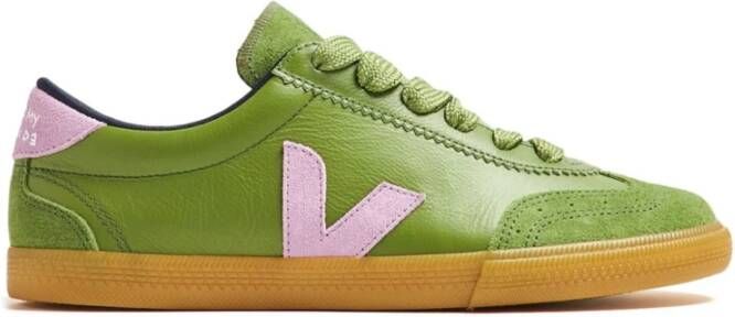 Veja Groene Leren Sneakers Veters Rubberen Zool Green Dames