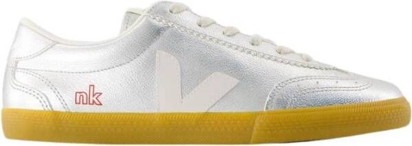 Veja Zilveren Leren Sneakers Bovenste Veters Gray Dames