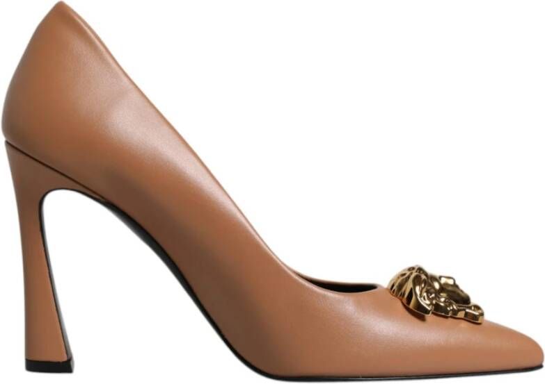 Versace Bruin Leren Logo Hoge Hakken Pumps Brown Dames