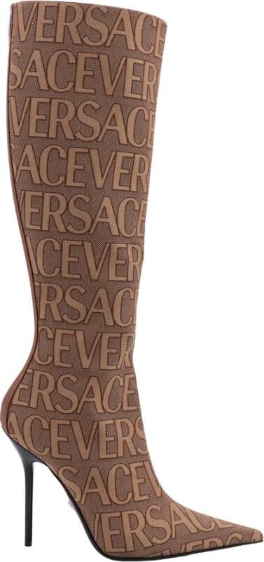 Versace Bruine Canvas Stiletto Enkellaarzen Brown Dames