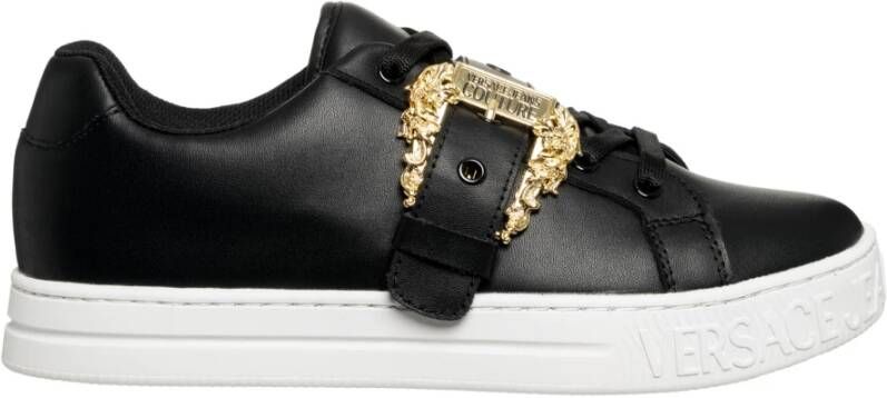 Versace Jeans Couture Zwarte Leren Sneakers met Gouden Details Black Dames