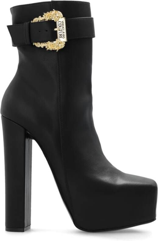 Versace Jeans Couture Zwarte Hak Platformlaarzen met Barok Gesp Black Dames