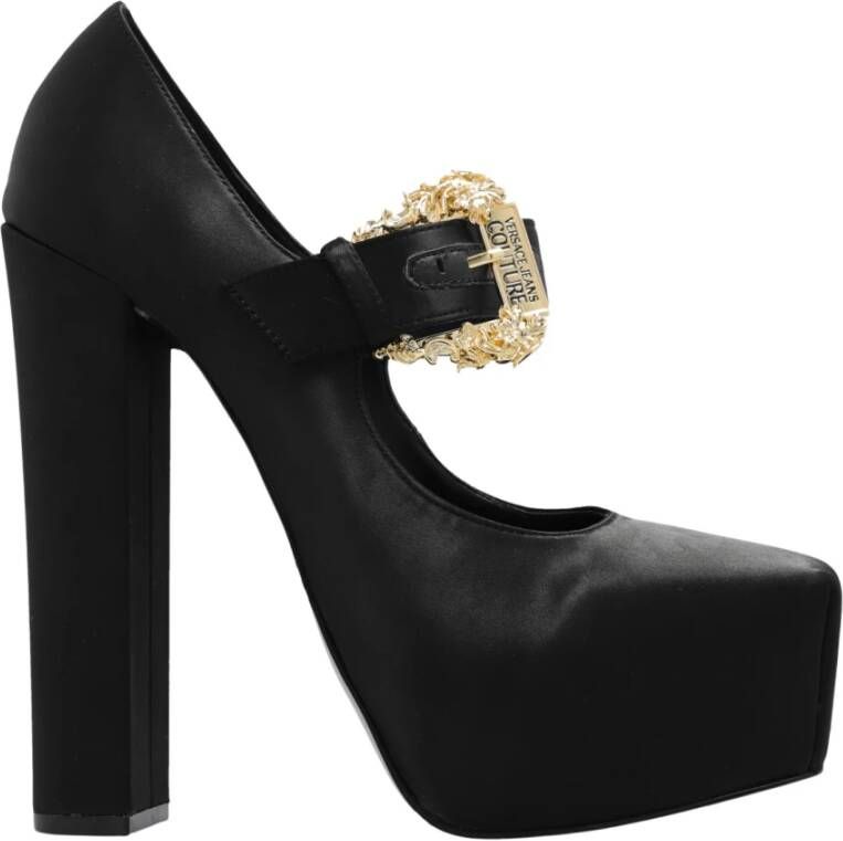 Versace Jeans Couture Zwarte Satijnen Platform Pumps met Barok Gesp Black Dames