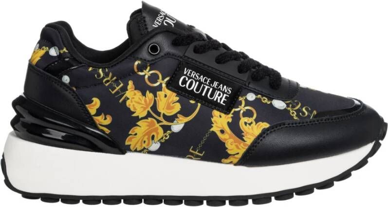 Versace Jeans Couture Zwarte Leren Sneakers met Barok Print Black Dames