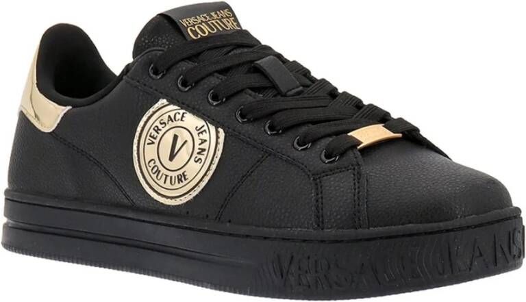 Versace Jeans Couture Zwarte leren platte schoenen met gouden details Black Heren