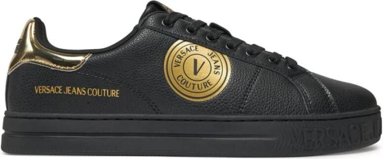 Versace Jeans Couture Zwarte leren platte schoenen met gouden details Black Heren