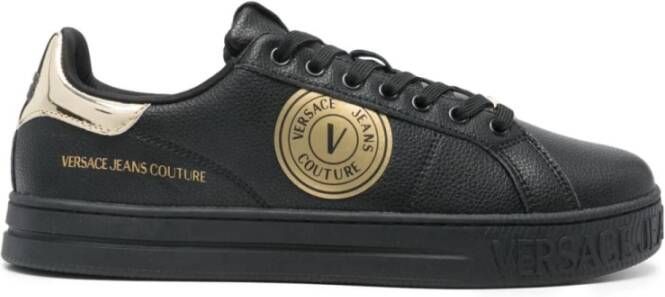 Versace Jeans Couture Zwarte leren platte schoenen met gouden details Black Heren