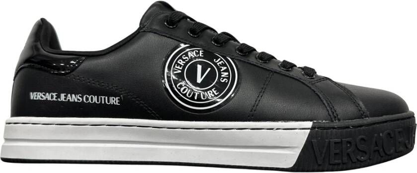 Versace Jeans Couture Zwarte leren sneakers met reflecterende patch en logo Black Heren