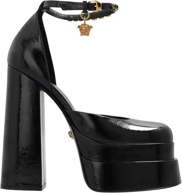 Versace Zijden Satijnen Plateau Pumps met Kristallen Versiering Black Dames