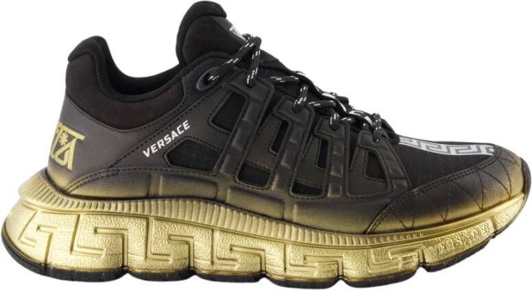 Versace Zwarte Gouden Trigreca Canvas Leren Trainers Black Heren