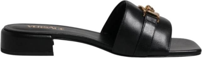 Versace Zwarte leren logoslippers Black Dames