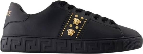 Versace Zwarte Leren Sneakers Ronde Neus Black Heren