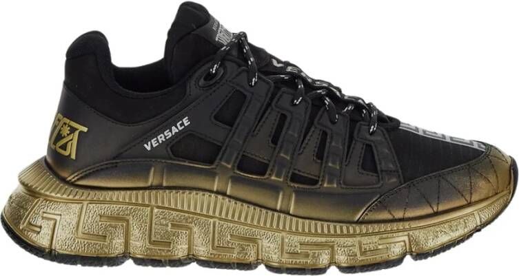 Versace Zwarte Gouden Trigreca Canvas Leren Trainers Black Heren