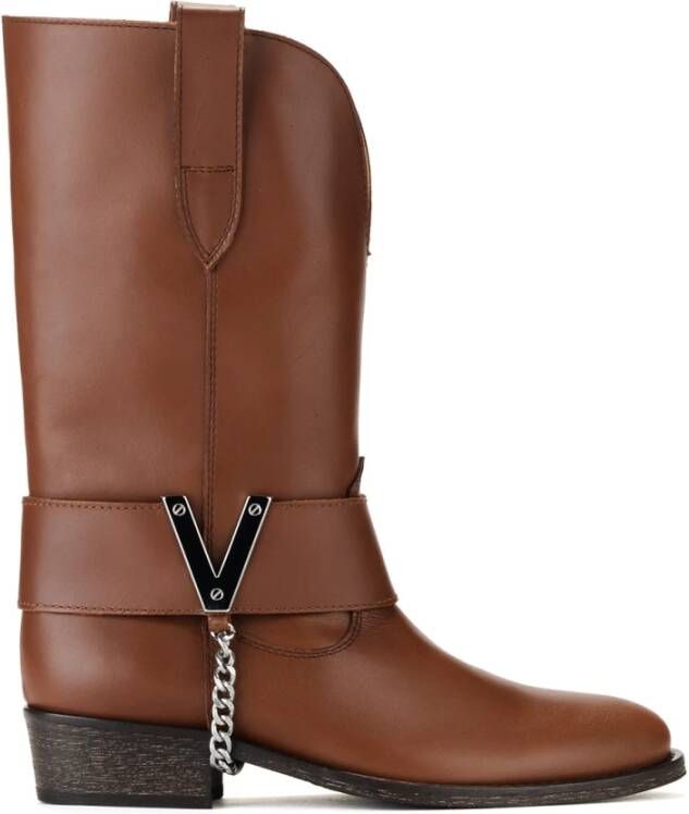 Via Roma 15 Texano Leren Laarzen met Metalen V-Detail Brown Dames