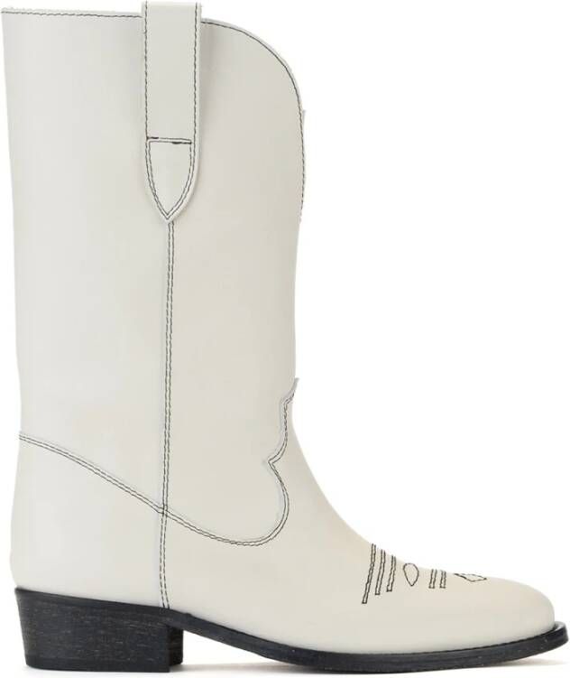 Via Roma 15 Witte Leren Texano Laarzen met Zwarte Stiksels White Dames