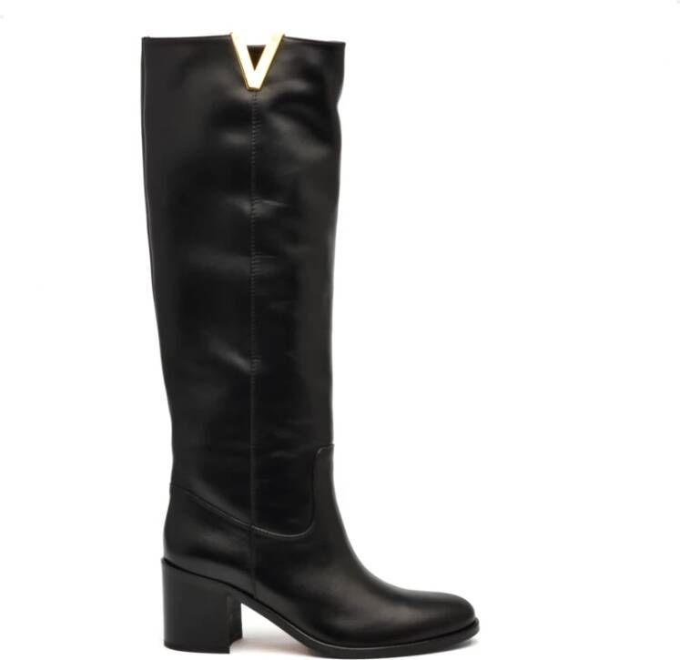 Via Roma 15 Zwarte Leren Laars 7cm Hak Black Dames