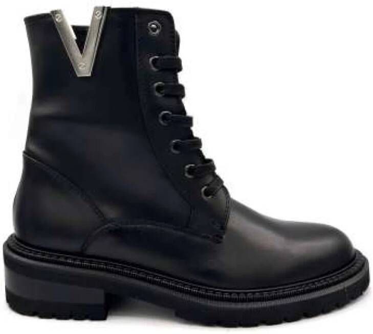 Via Roma 15 Zwarte Leren V Sneakers Rubberen Zool Black Dames