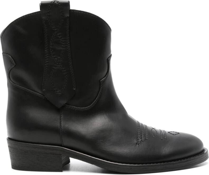 Via Roma 15 Zwarte Western Style Leren Enkellaarzen Black Dames