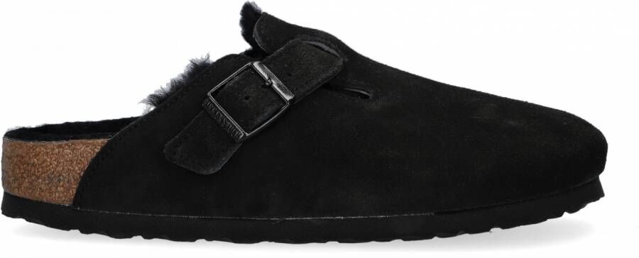 Birkenstock Boston Black narrow Shearling Veloursleder Suede Pantoffels Zwart