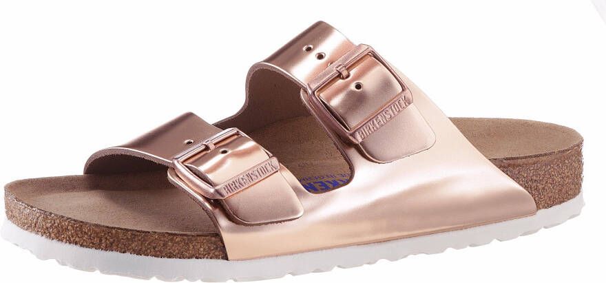 Birkenstock Slippers ARIZONA SFB in smalle schoenwijdte metallic-look met soft-voetbed