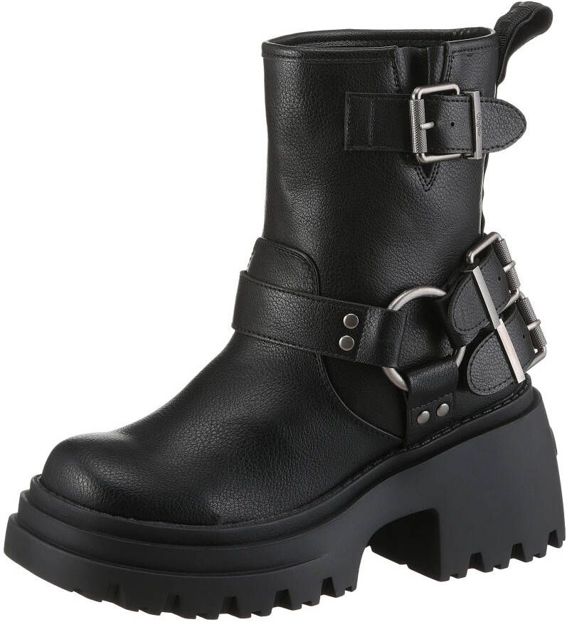 Buffalo Bikerboots BRAVR BIKER LO biker enkellaars plateaustiefelette blokhak met decoratieve gespen